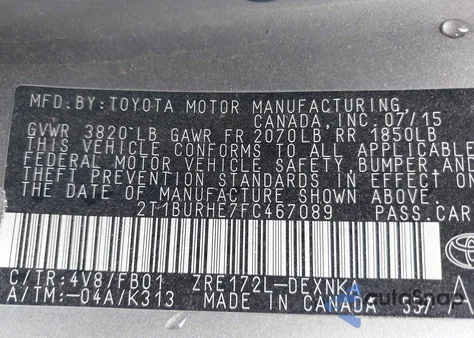 2015 Toyota Corolla Le из США, поврежденный, VIN 2T1BURHE7FC467089